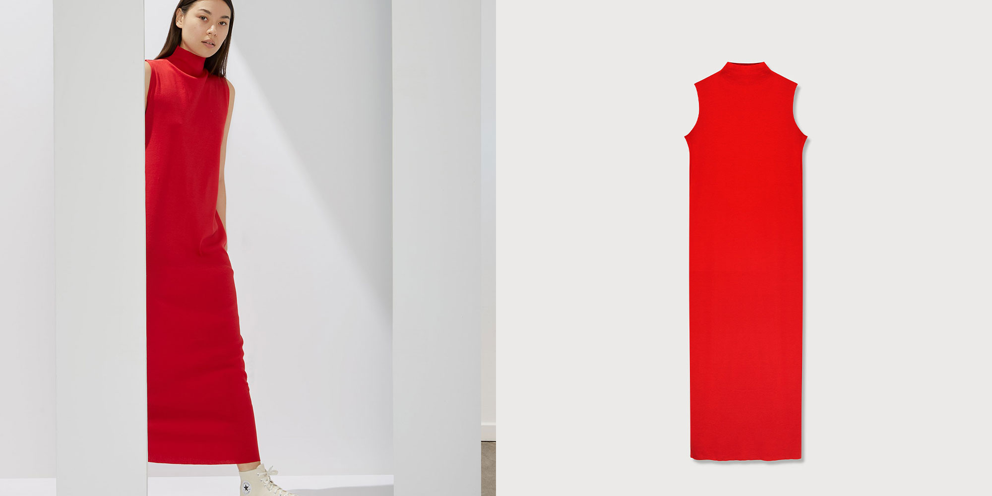 woman wearing long cherry red dress with mock neck by a.bch