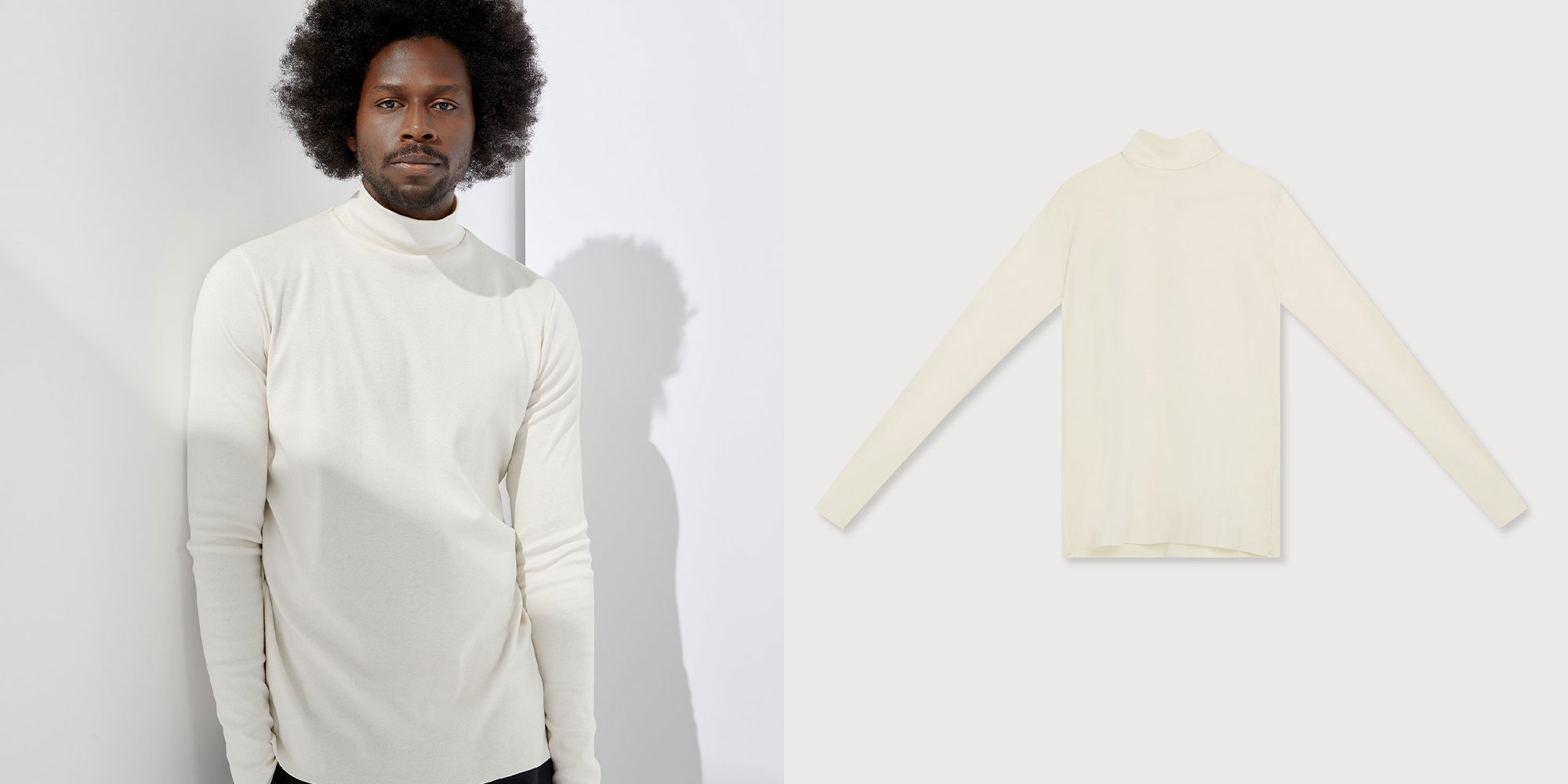 man wearing off white mock neck long sleeve t-shirt my a.bch
