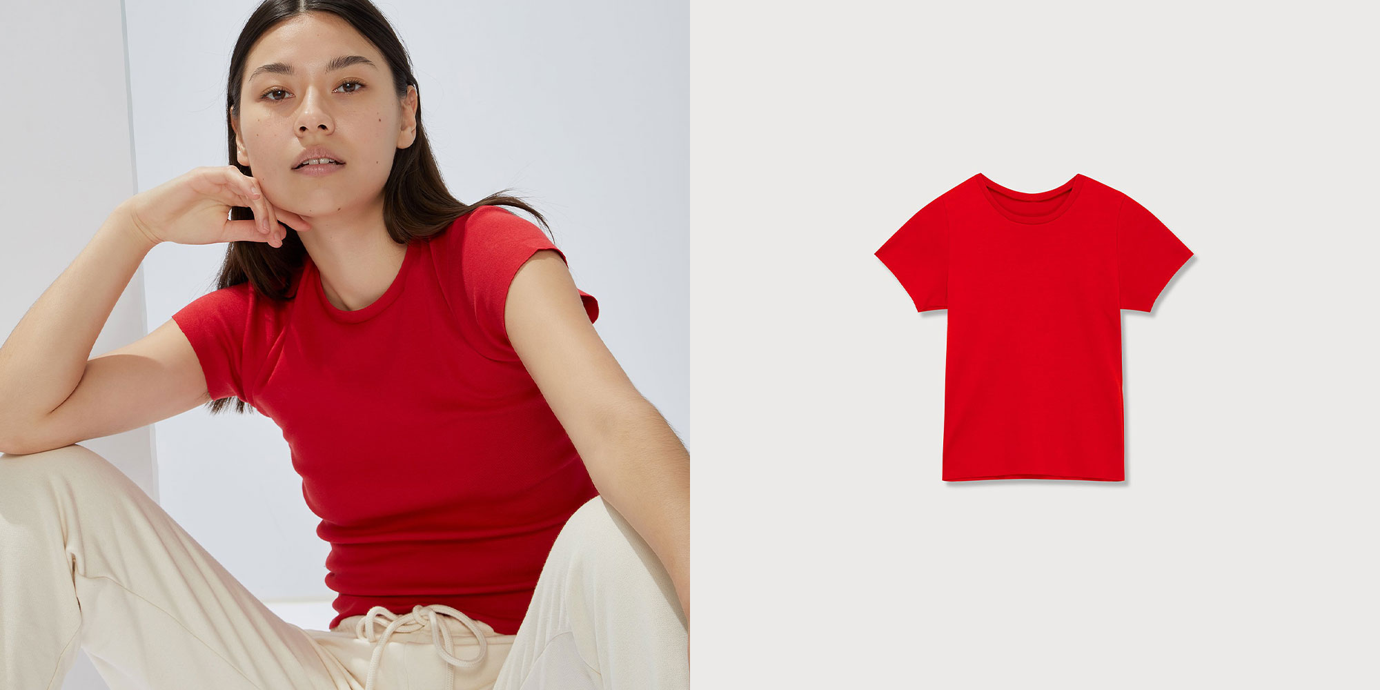 woman wearing cherry red ribbed t-shirt by a.bch