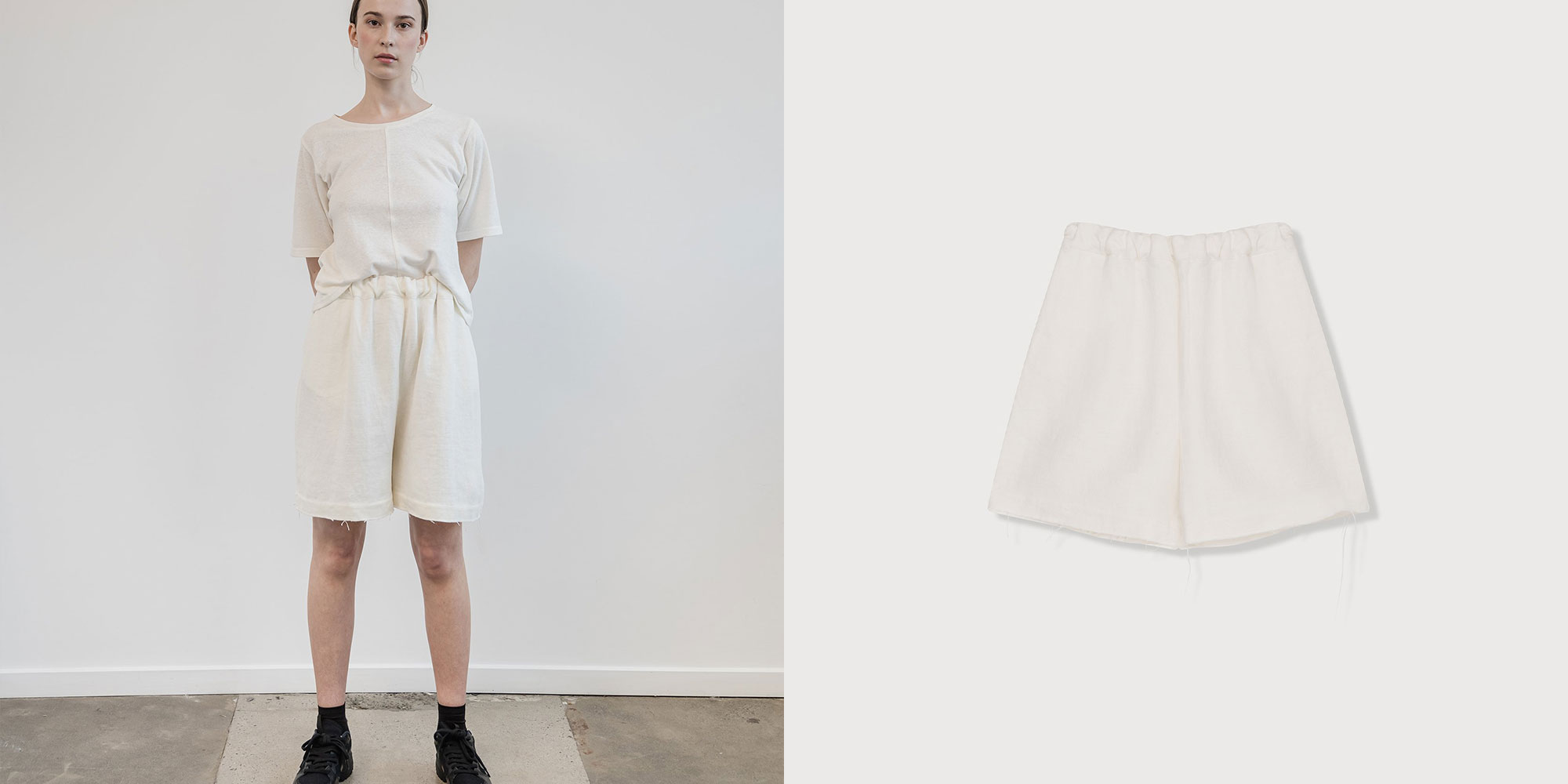 woman wearing white hemp shorts by a.bch