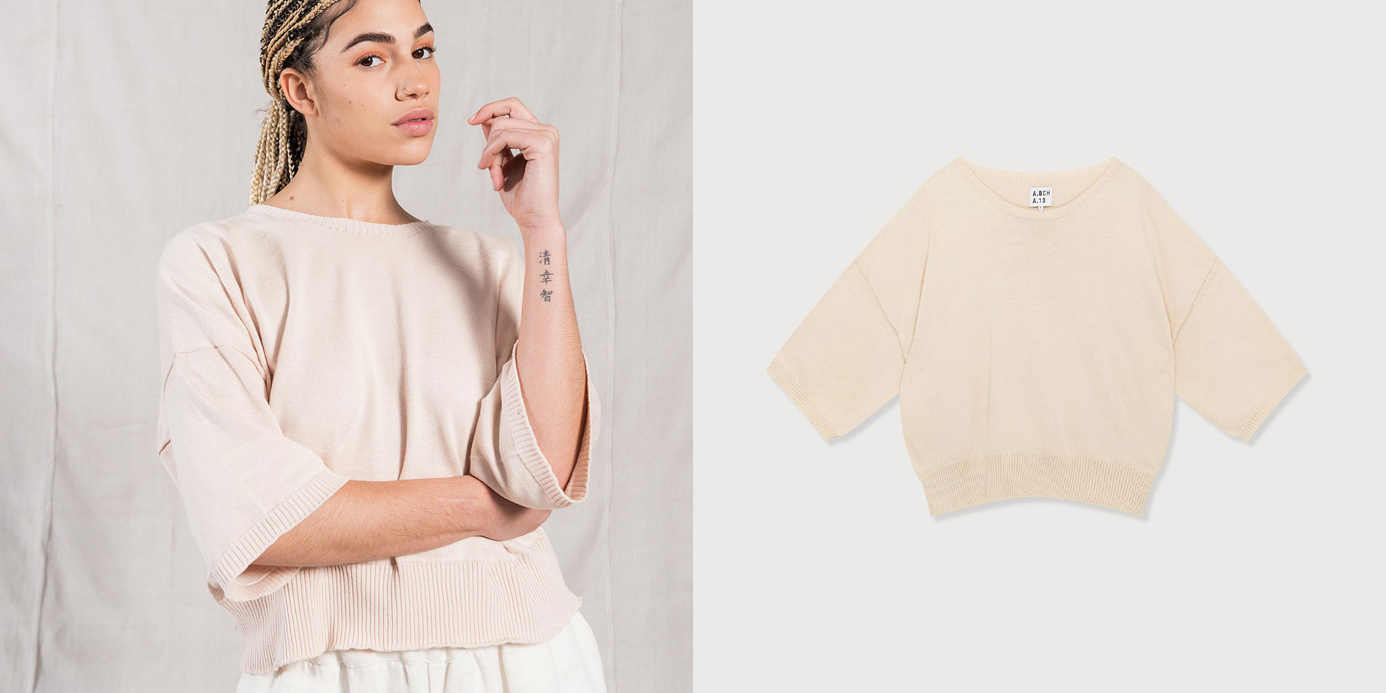 woman wearing peach sustainable sweatshirt by a.bch