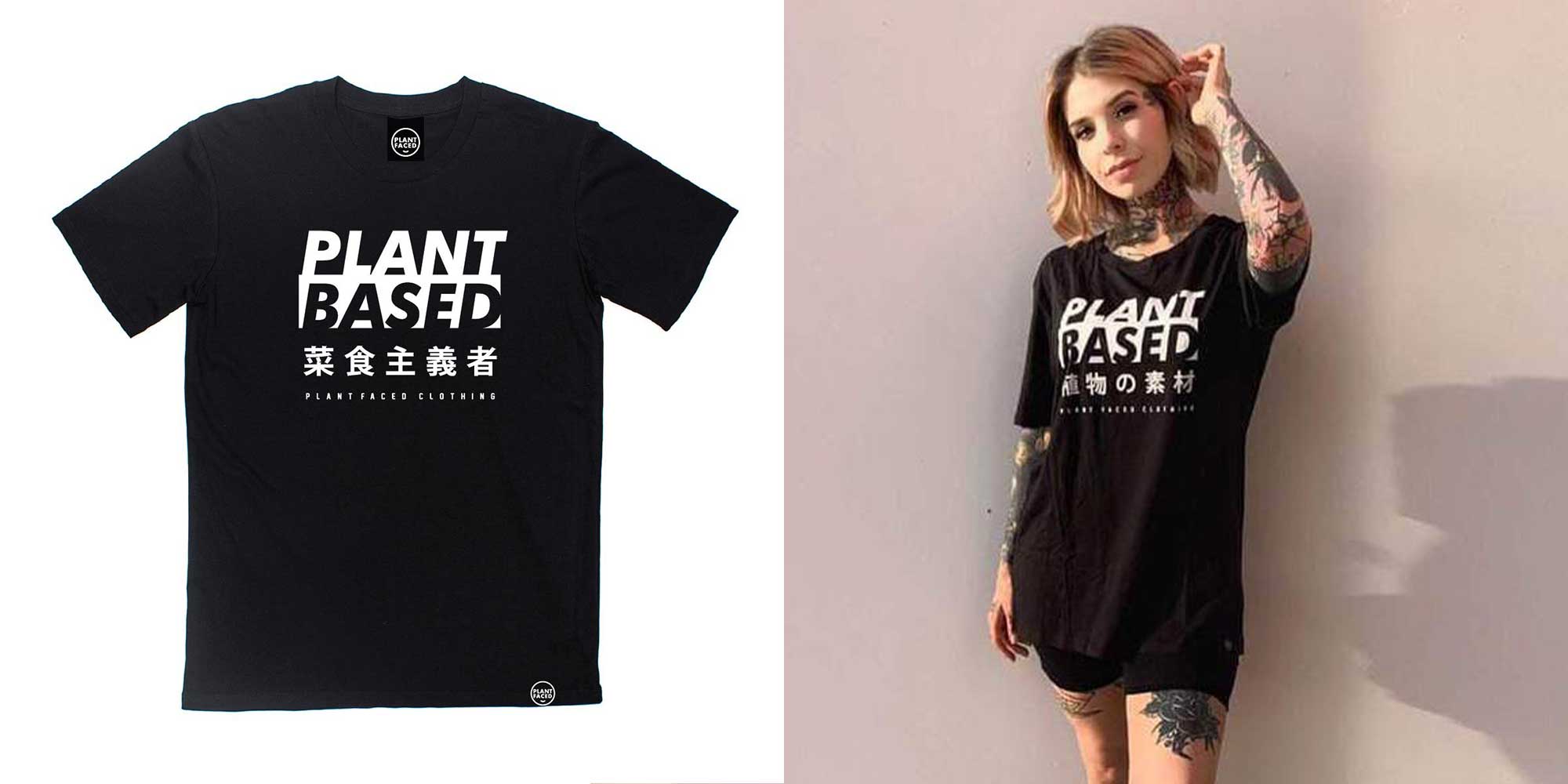 white woman wearing black organic vegan t-shirt with a white Plant Based logo in English and Kanji by Plant Faced Clothing