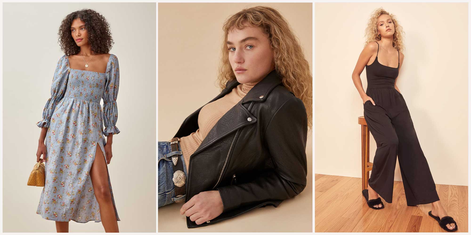 women wearing stylish sustainable dress, jacket, and jumpsuit from Reformation