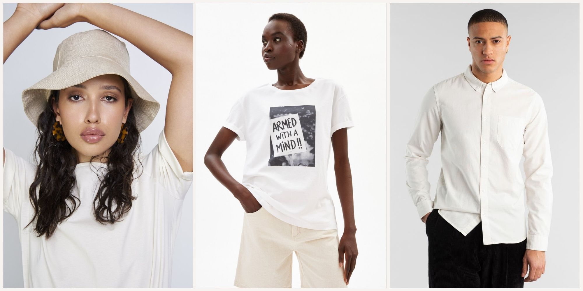 Three images of people wearing sustainable brands from eco-friendly retailers Earthkind.