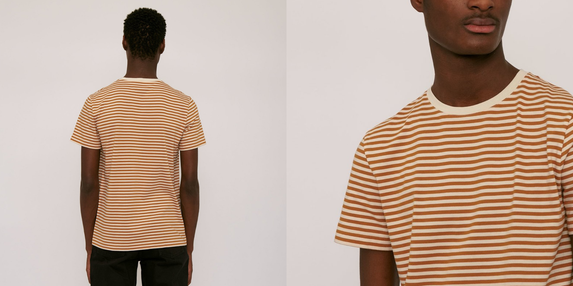 black man wearing ochre stripe organic cotton tshirt by Danish brand Organic Basics