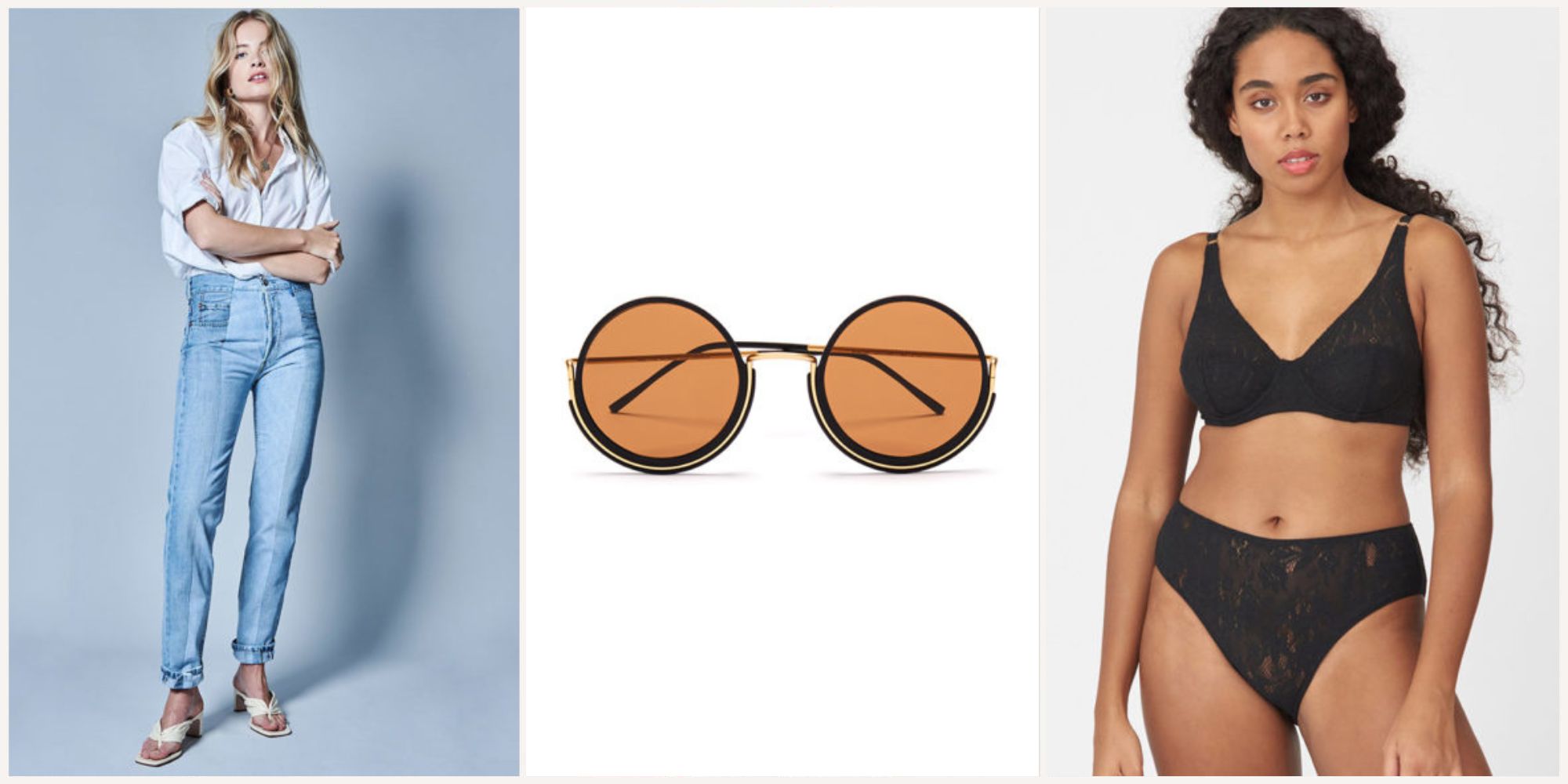 Three product shots of brands E.L.V. Denim, Wires, and Araks stocked by Reve en Vert.