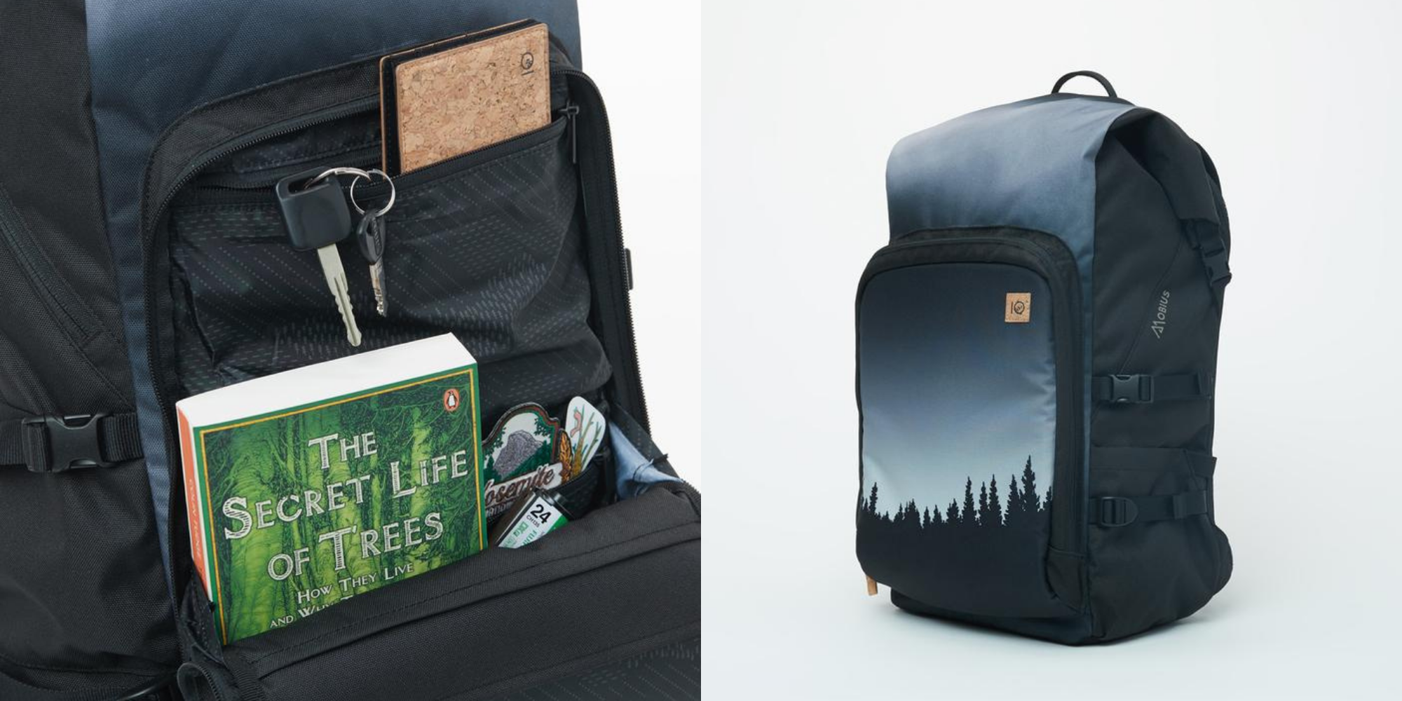 sustainable black backpack with white and blue tree graphic on the front by tentree