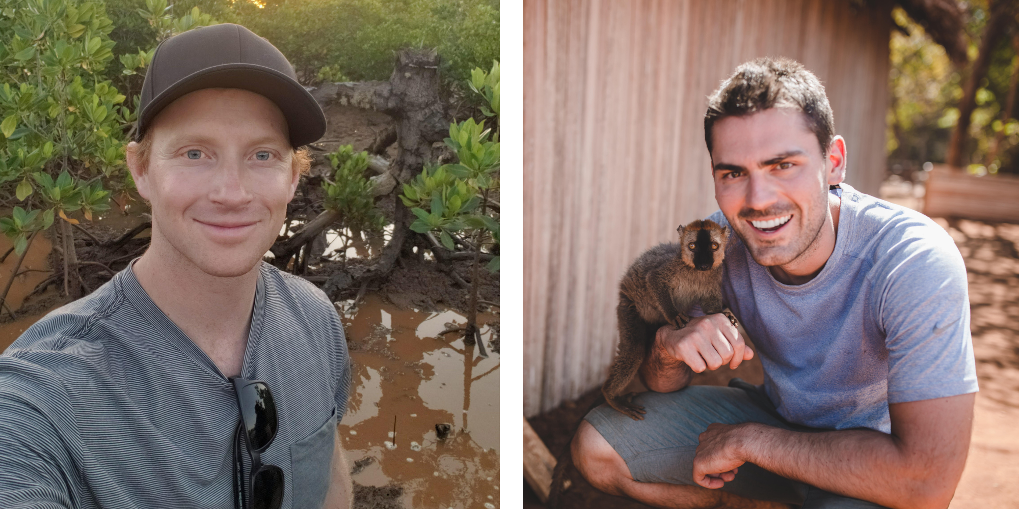 two tentree founders posing for pictures on sight at tree planting with a monkey