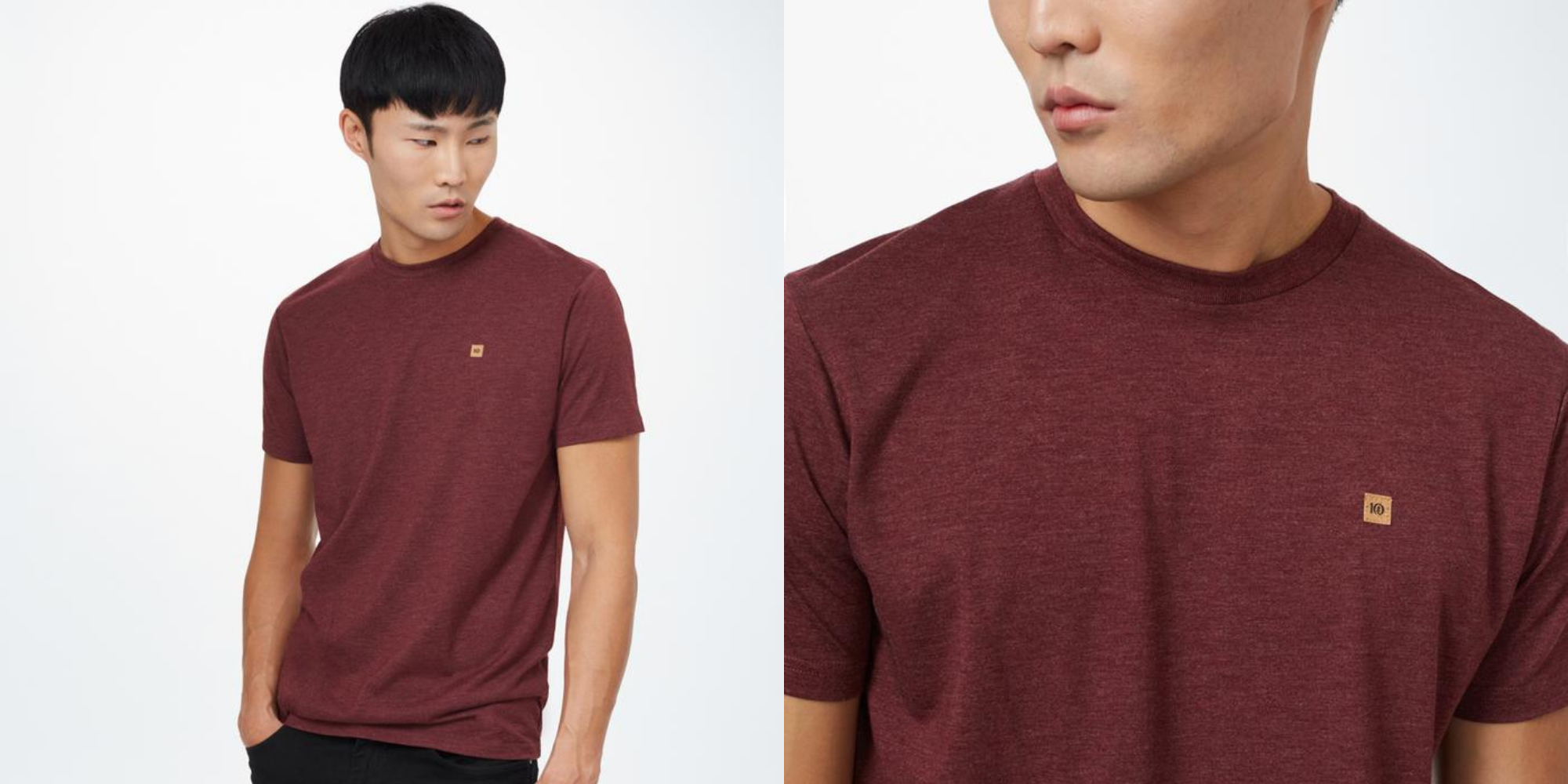 Asian man wearing red sustainable t-shirt by tentree