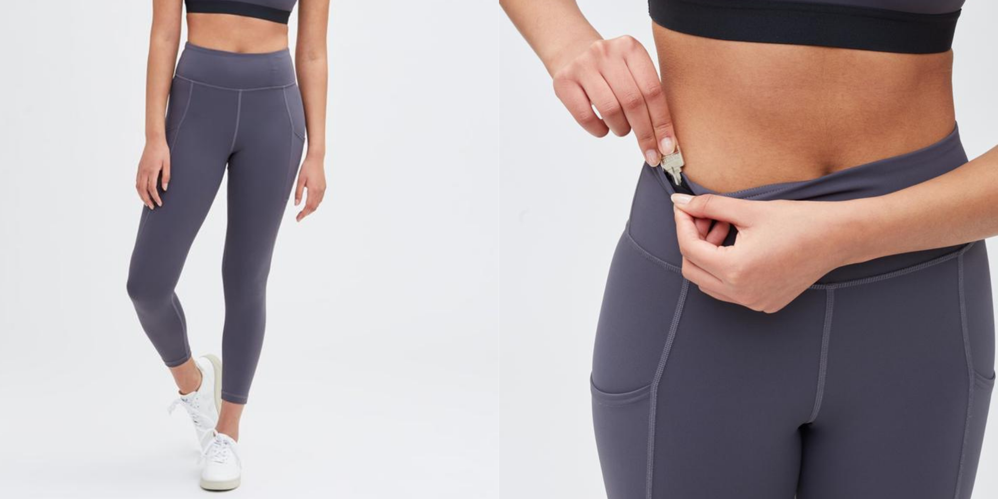 black woman wearing recycled polyester grey leggings with pockets by tentree