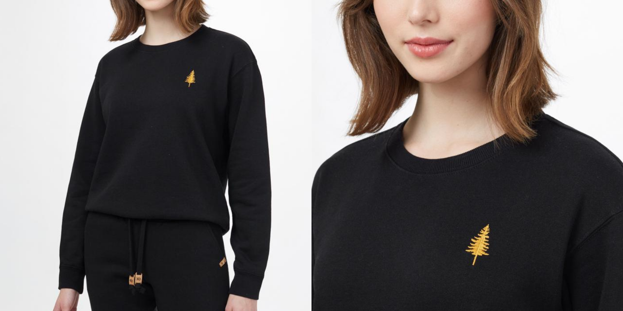 woman wearing sustainable black crewneck long sleeve shirt with golden tree logo by tentree brand