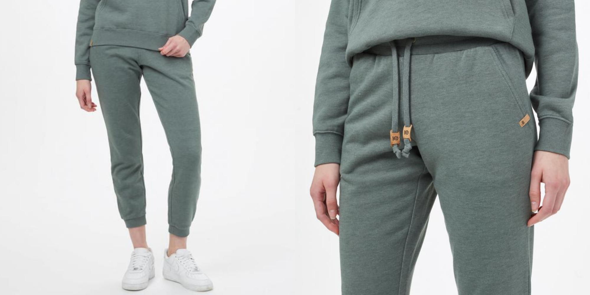woman wearing light green ethically made sweatpants by Canadian brand tentree