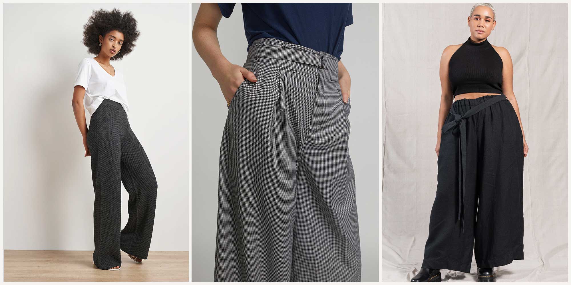 women wearing three different pairs of sustainable wide leg pants by ethical brands