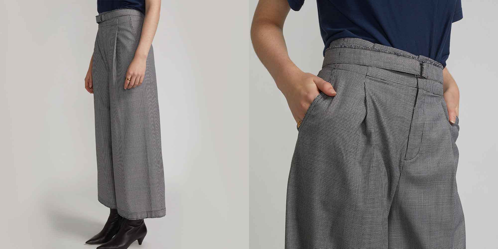 grey upcycled wool wide leg pants by The R Collective
