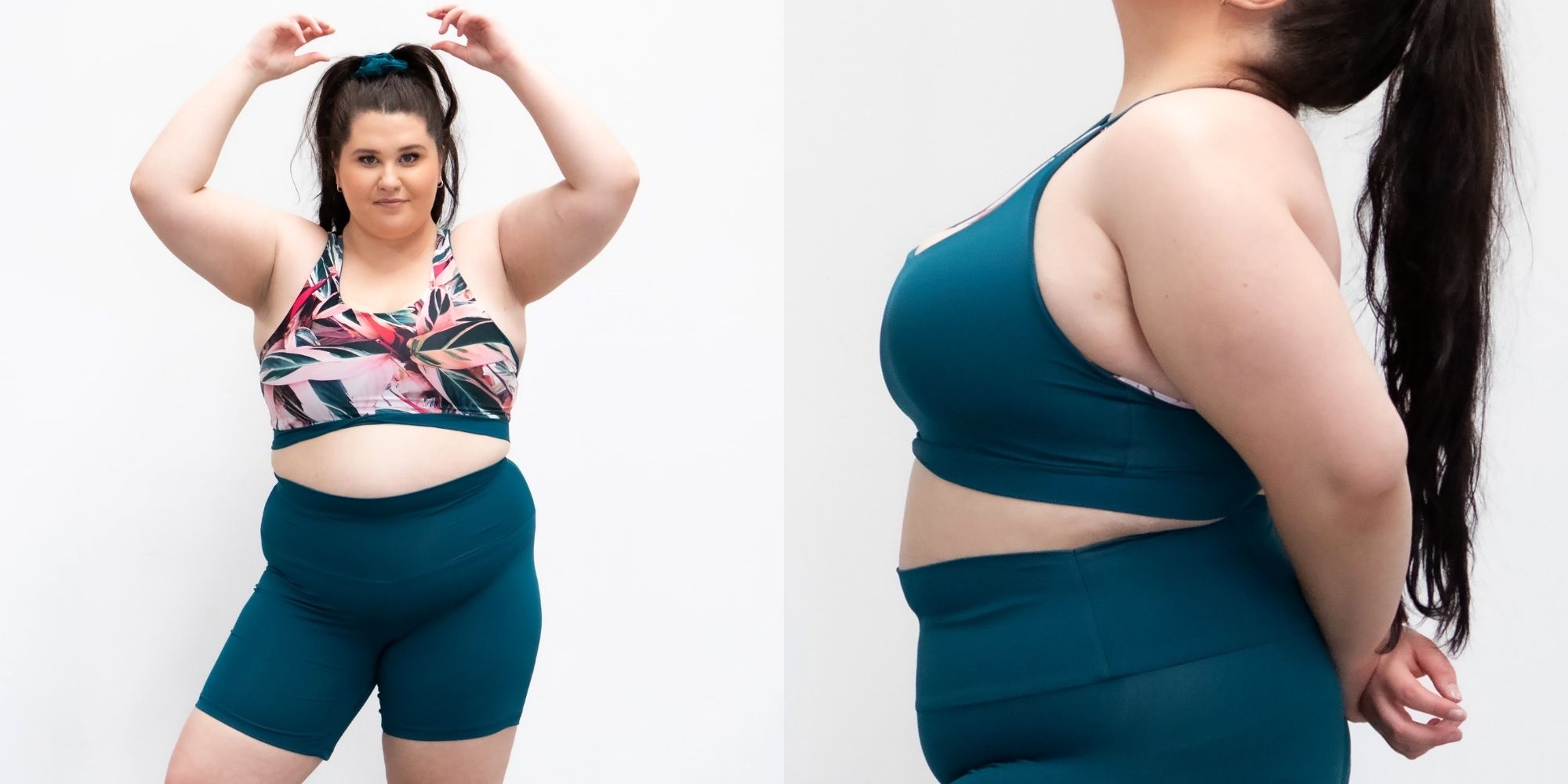 plus size woman wearing sustainable colourful activewear by Elle Evans