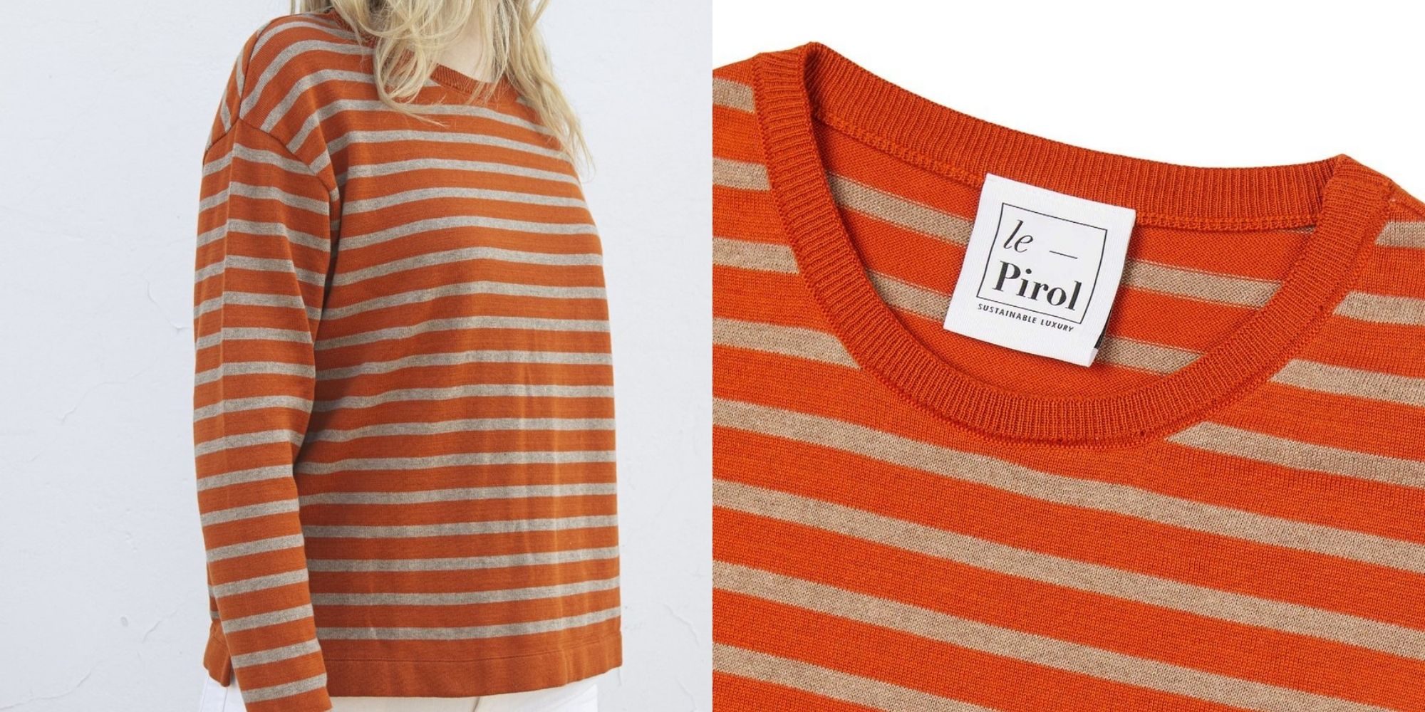 woman wearing burnt orange and beige striped sustainable jumper by Le Pirol
