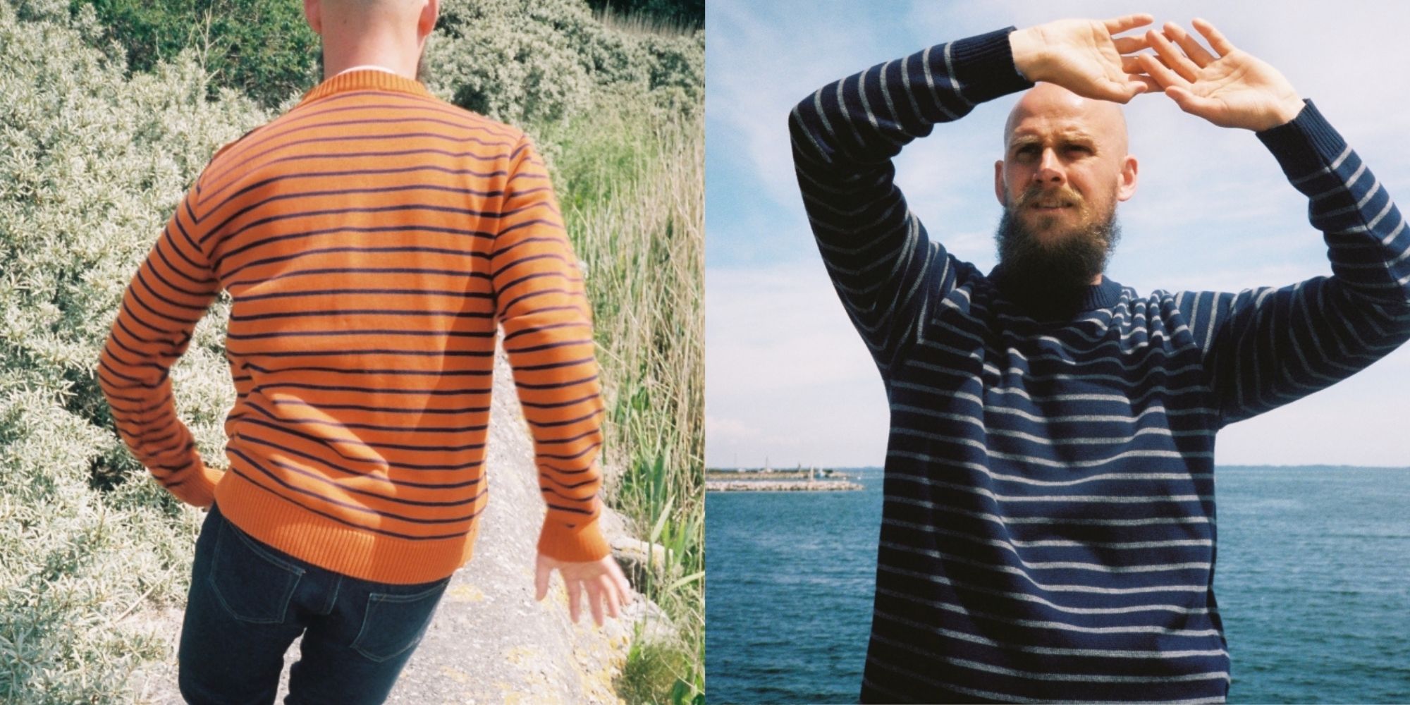 man wearing orange and blue eco jumpers outdoors be Le Pirol brand