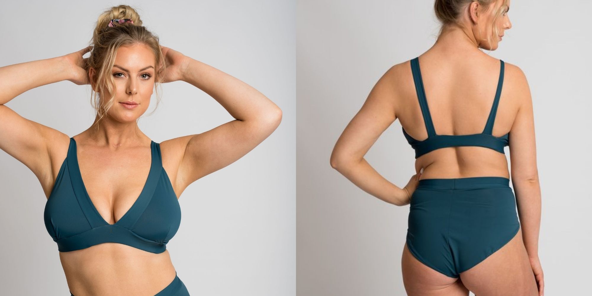 curvy blonde woman wearing deep green sustainable bikini set by Elle Evans
