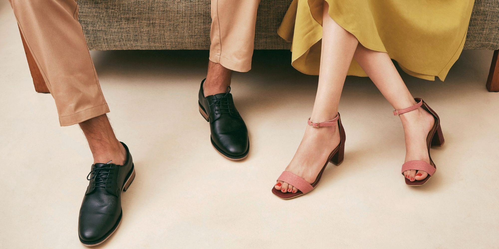 man and woman wearing sustainable vegan formal footwear by nae