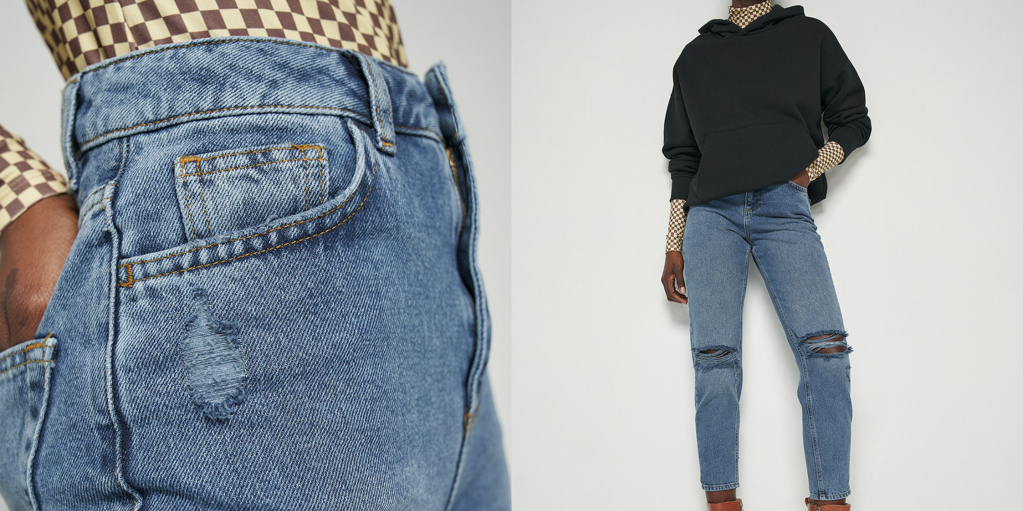 black woman wearing distressed high rise mom jeans by nu-in