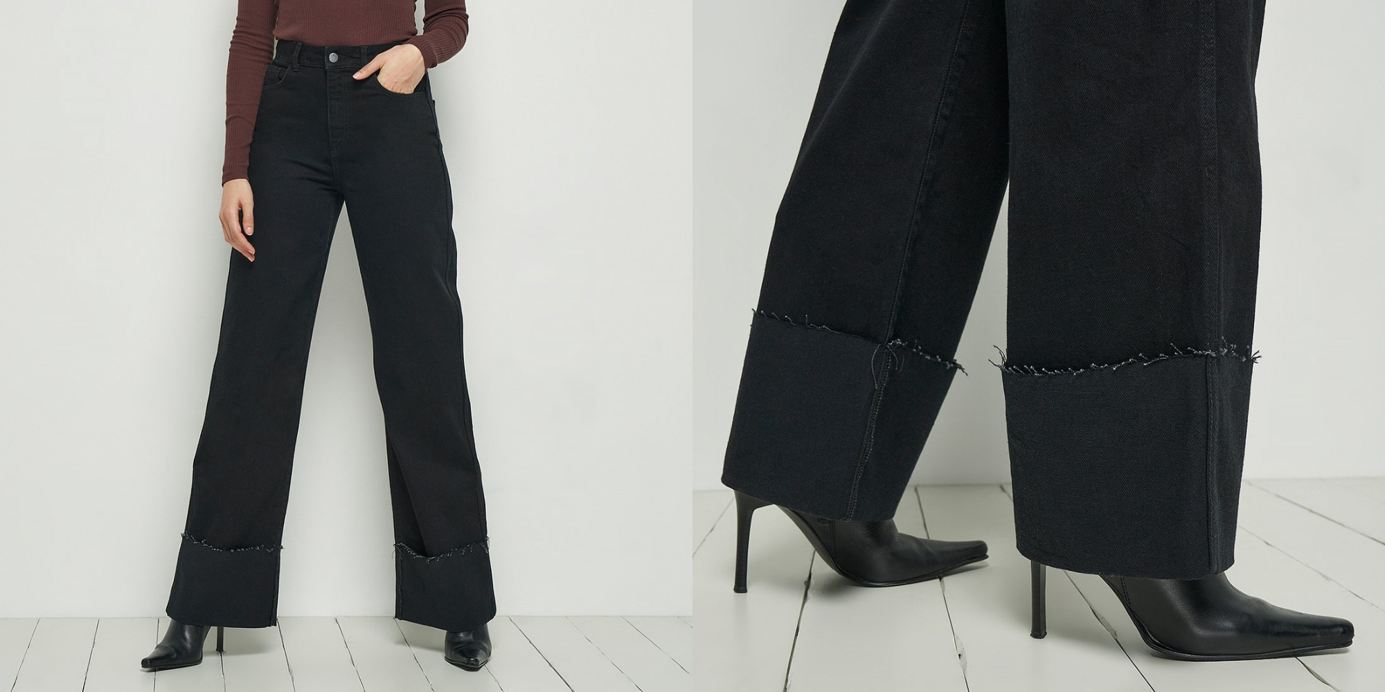 woman wearing black circular wide leg jeans by nu-in