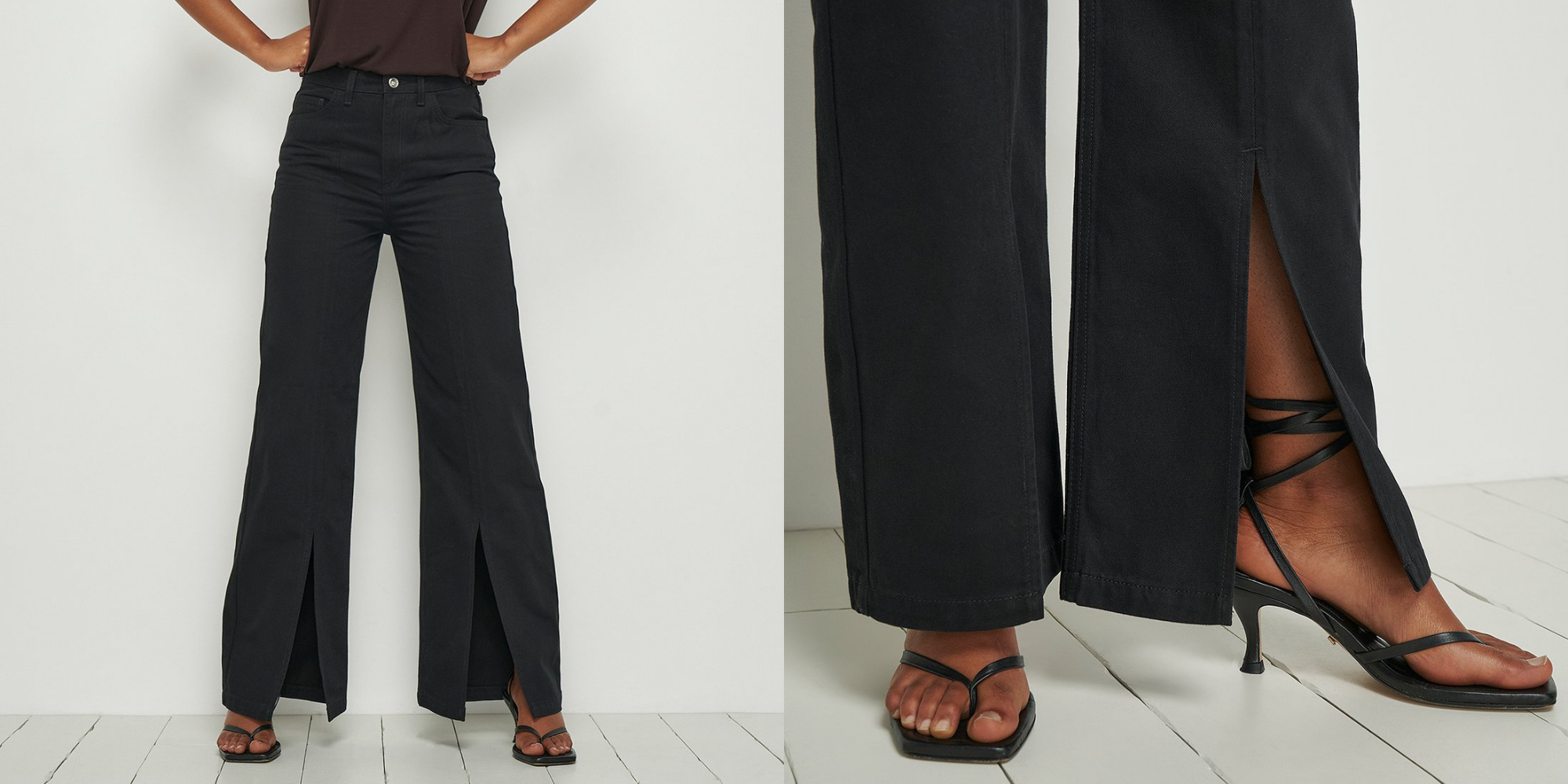 woman wearing black split front ethical jeans by nu-in