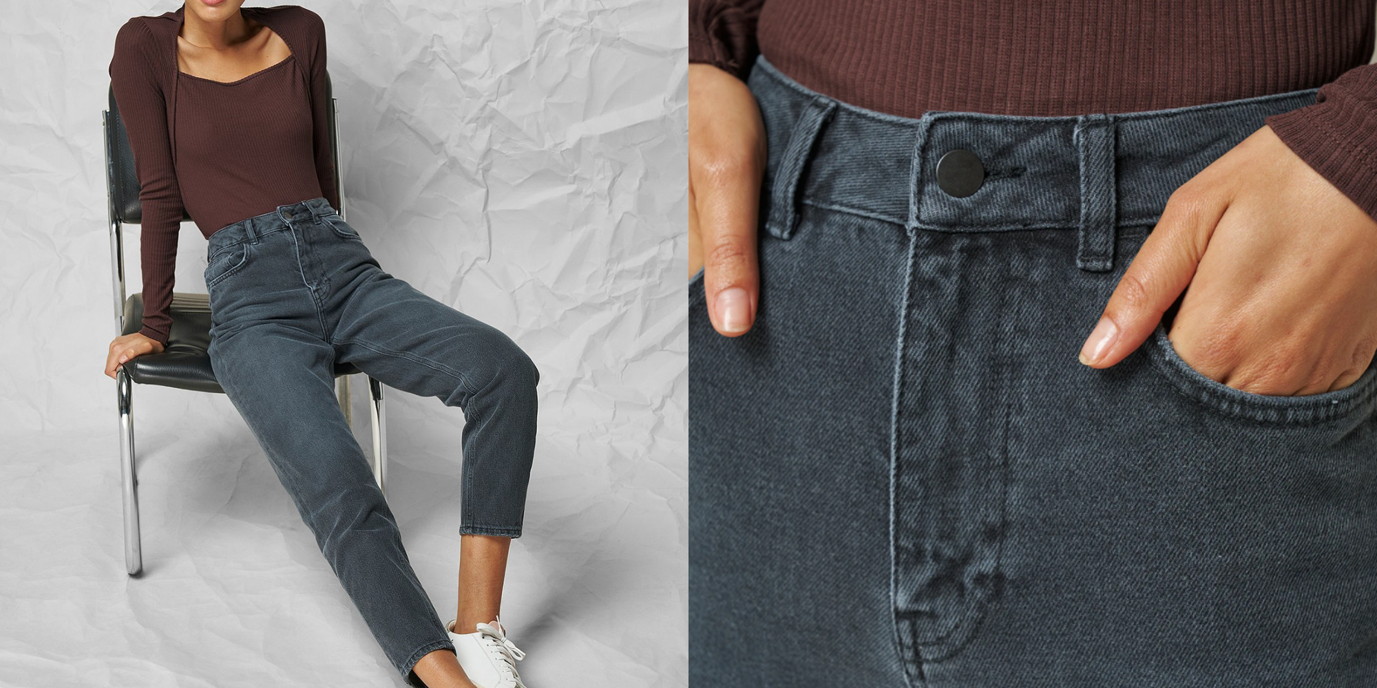 woman wearing grey sustainable mom jeans by nu-in brand