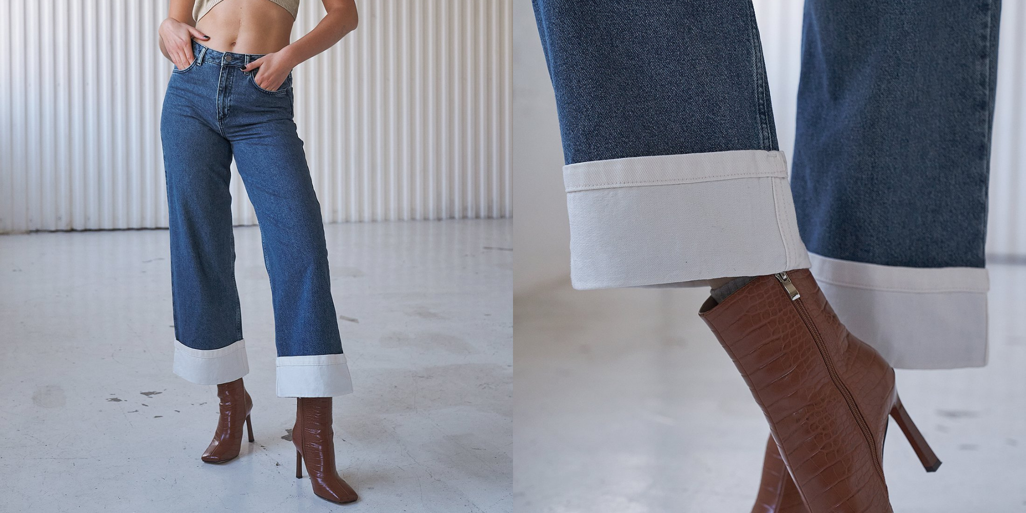 woman wearing wide leg contrast hem eco-friendly jeans by nu-in