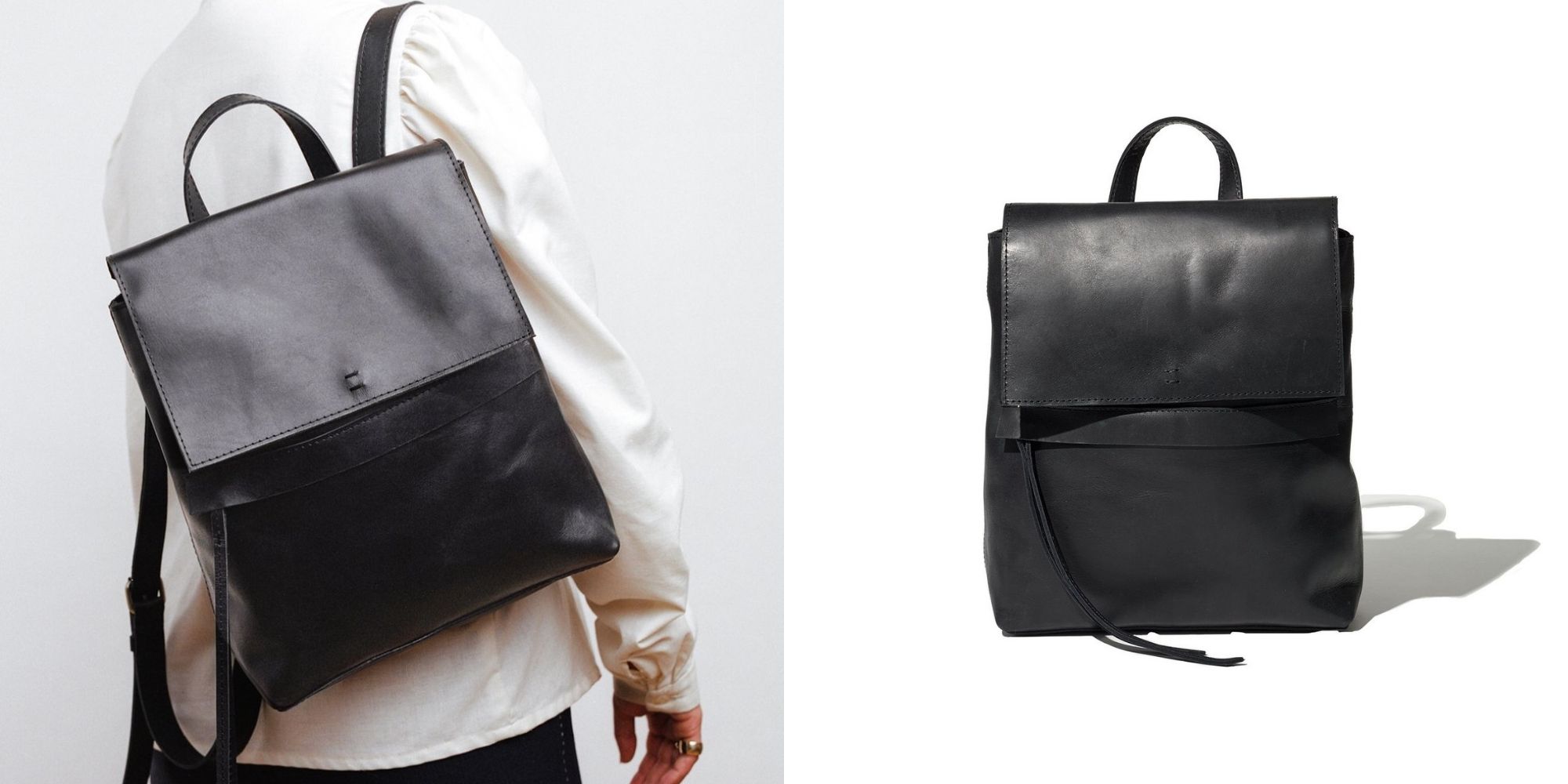Person carrying black Addias sustainable leather backpack by US-based brand Raven + Lily.