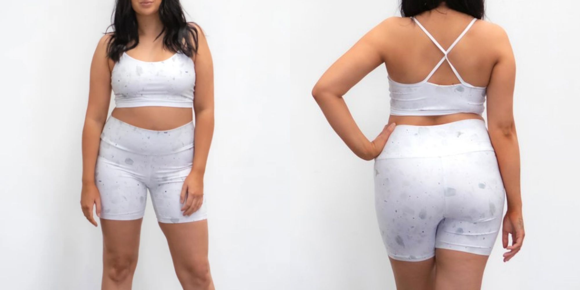 curvy woman wearing white patterned ECONYL active shorts by Elle Evans