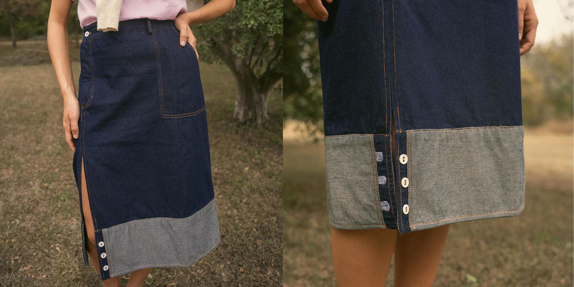 A side split two tone maximalist denim skirt by HarperSage.