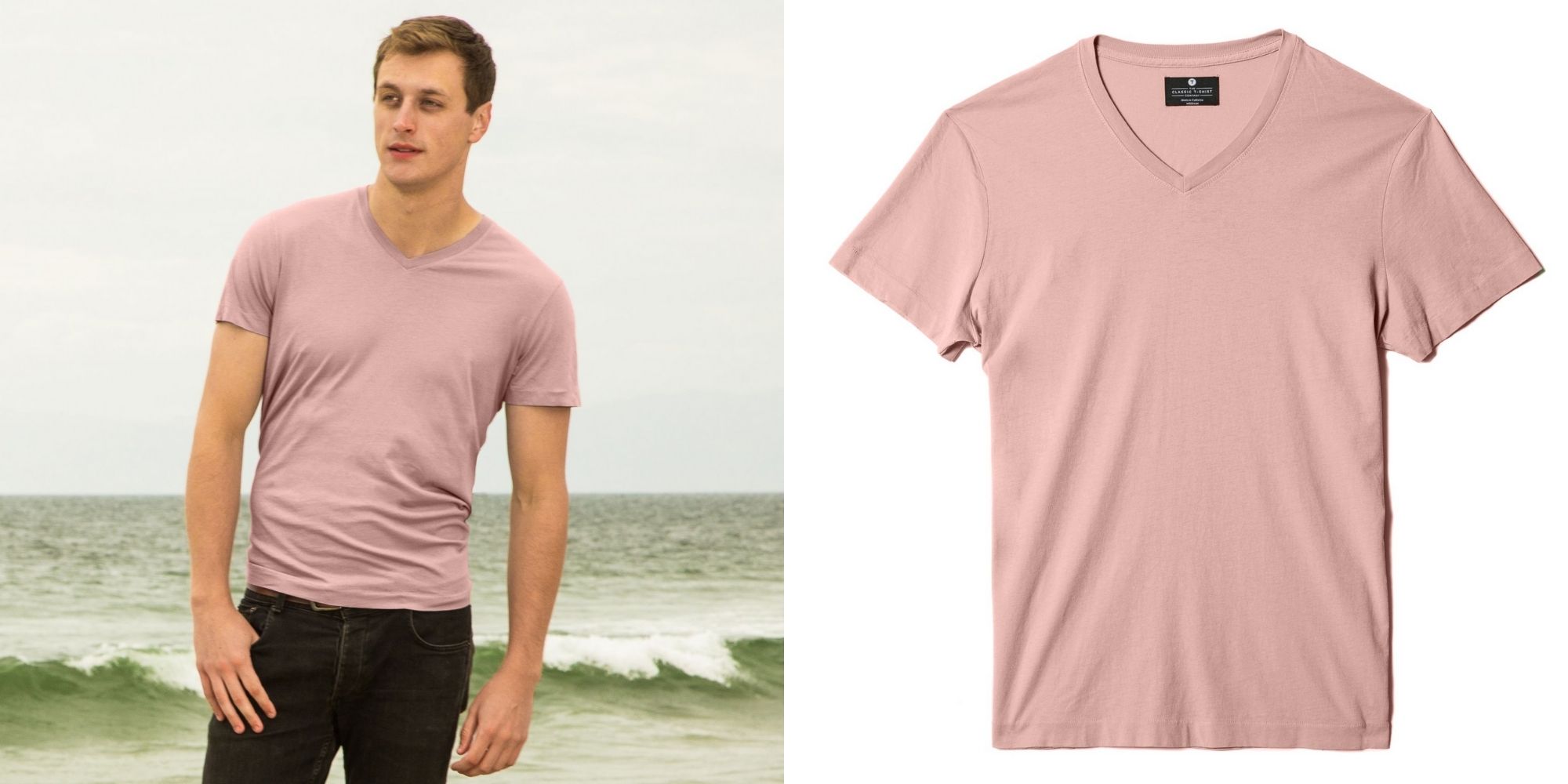 man wearing pink vneck ethical tee by The Classic T-Shirt Company