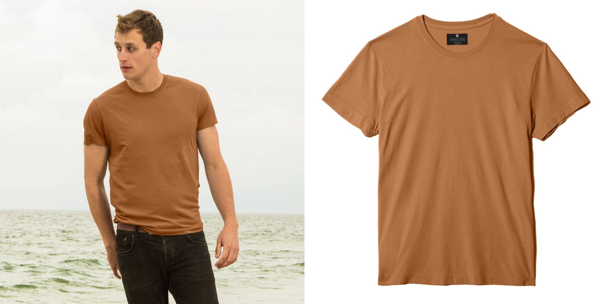 man wearing organic copper crewneck tshirts by The Classic T-Shirt Company