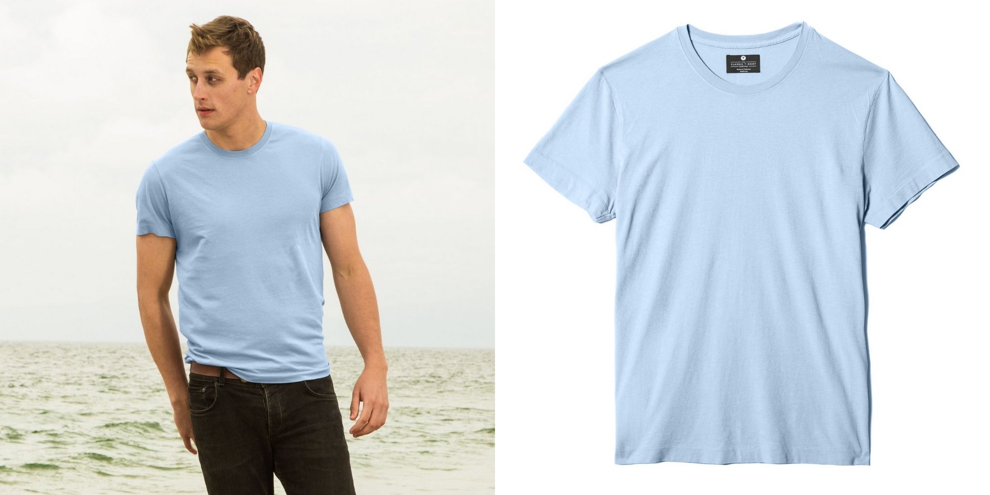 man wearing sky blue crewneck sustainable tee by The Classic T-Shirt Company