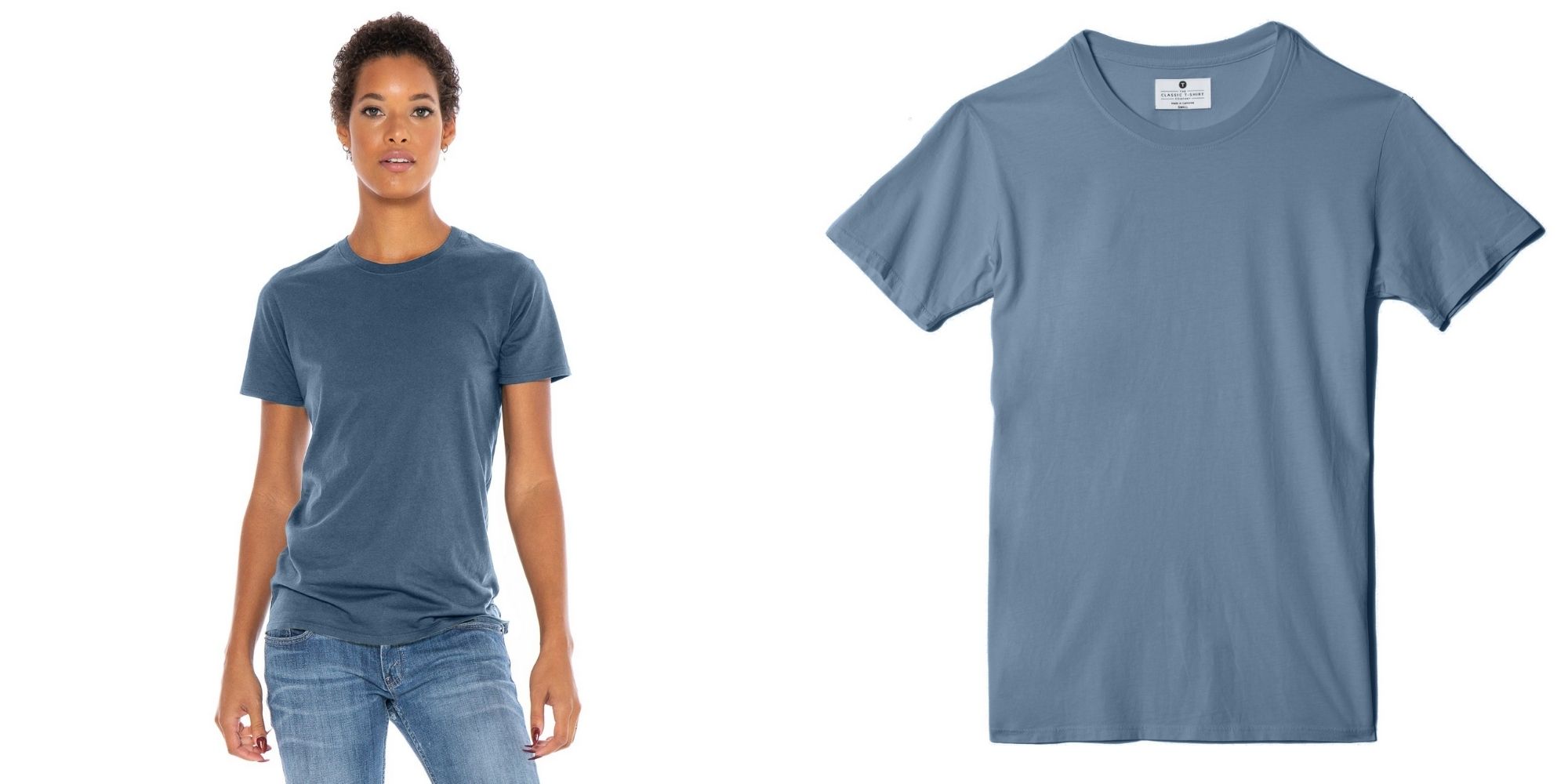 black woman wearing dusk blue crewneck eco-friendly tshirt by The Classic T-Shirt Company