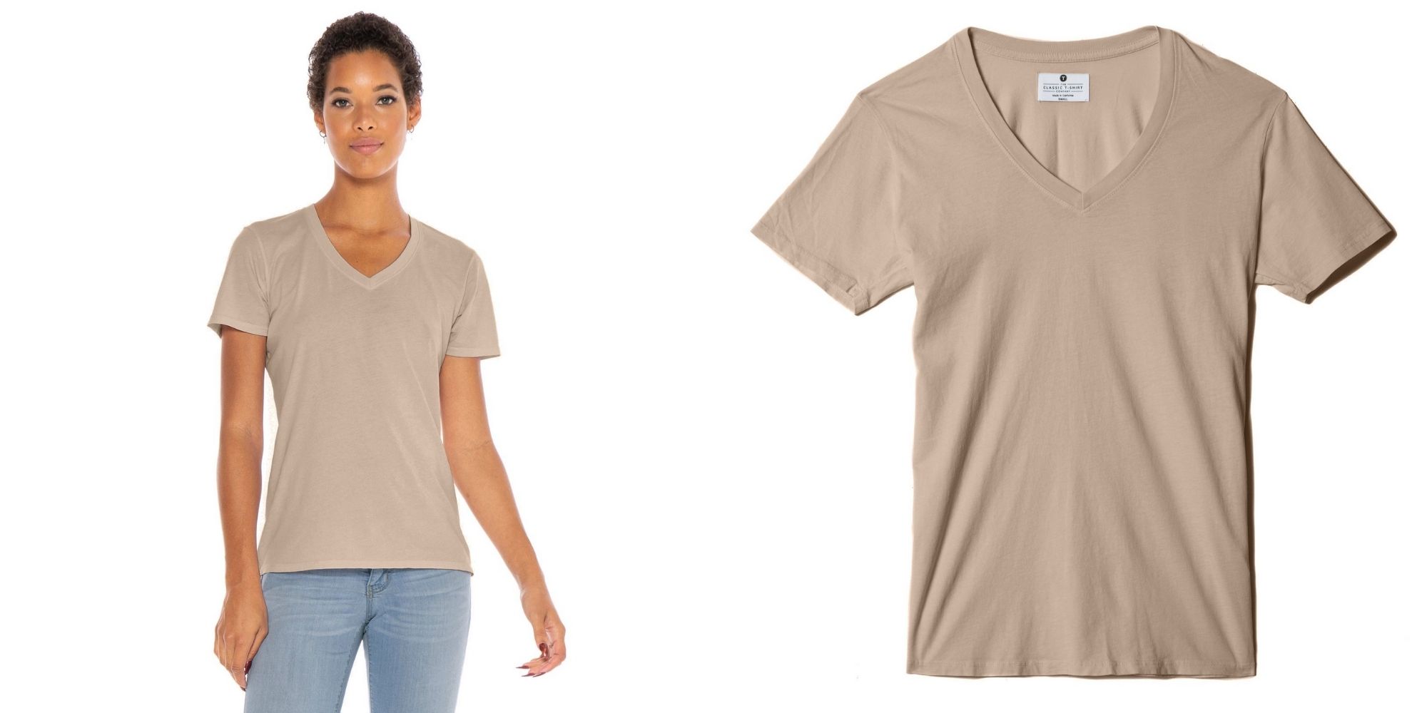 woman of colour wearing sand v neck ethically made tshirt by The Classic T-Shirt Company