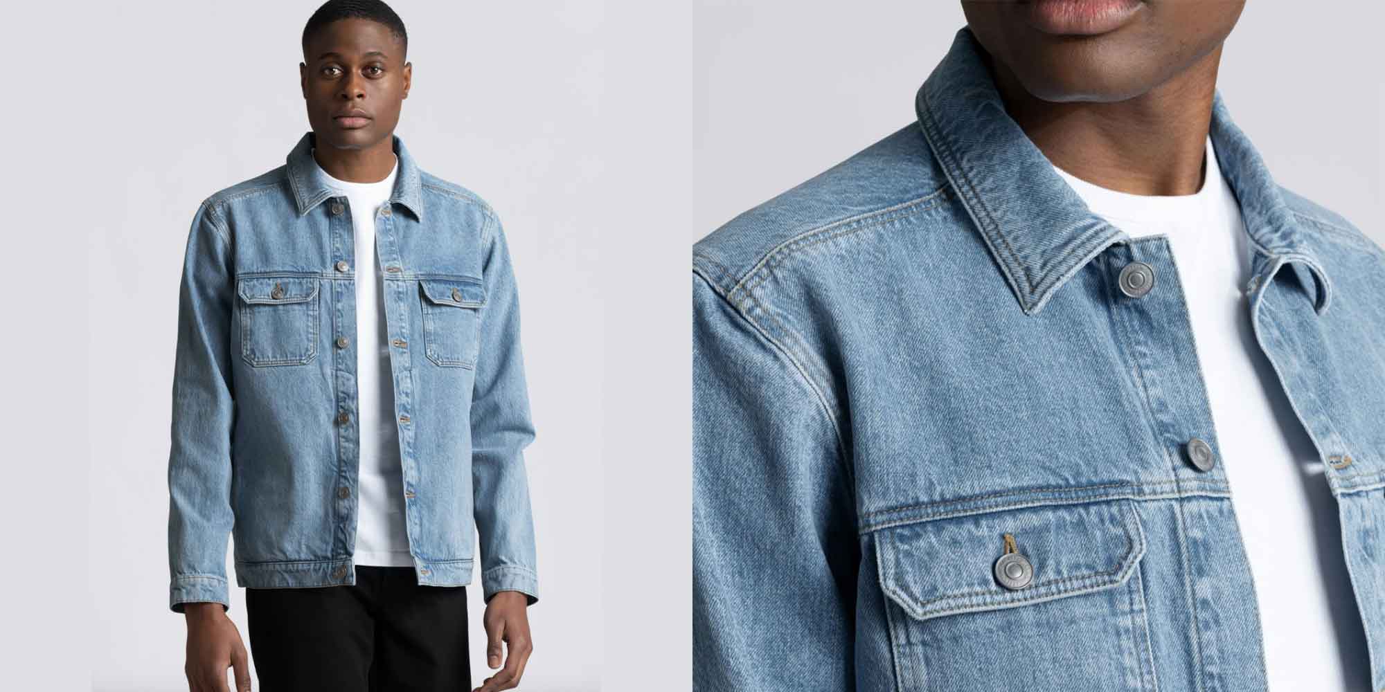 black man wearing lightwash classic denim jacket by Asket