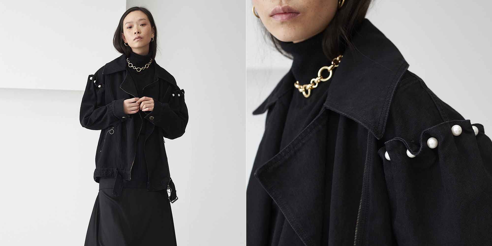 woman of colour wearing black boxy sustainable denim jacket by Mother of Pearl
