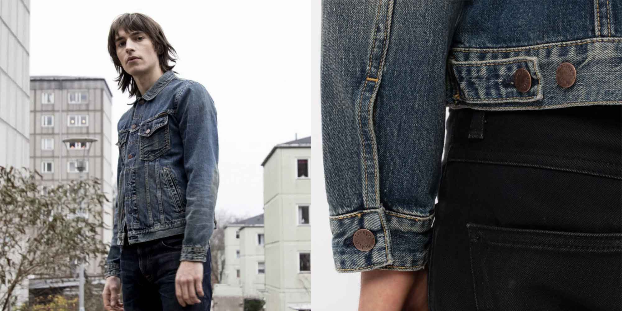 man wearing classic denim jacket by Nudie Jeans