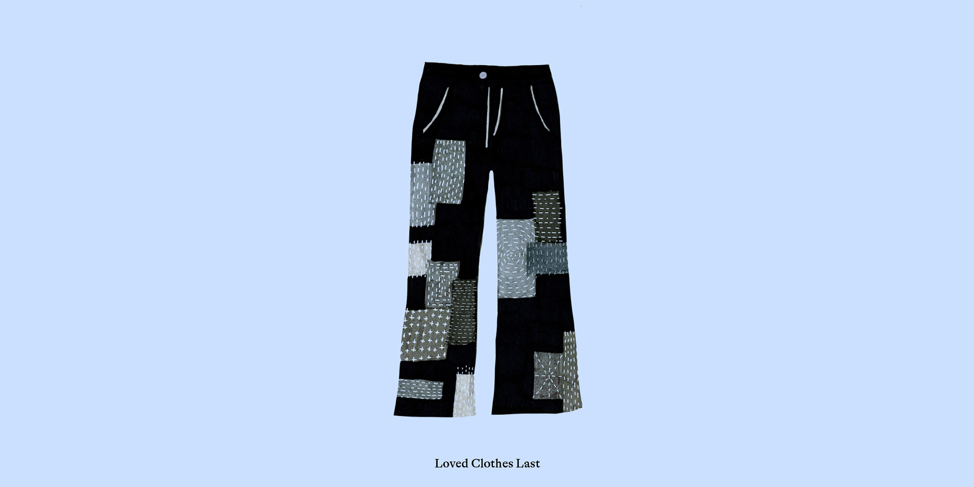 graphic of pants patched Boro style as a top tip to mend your clothes