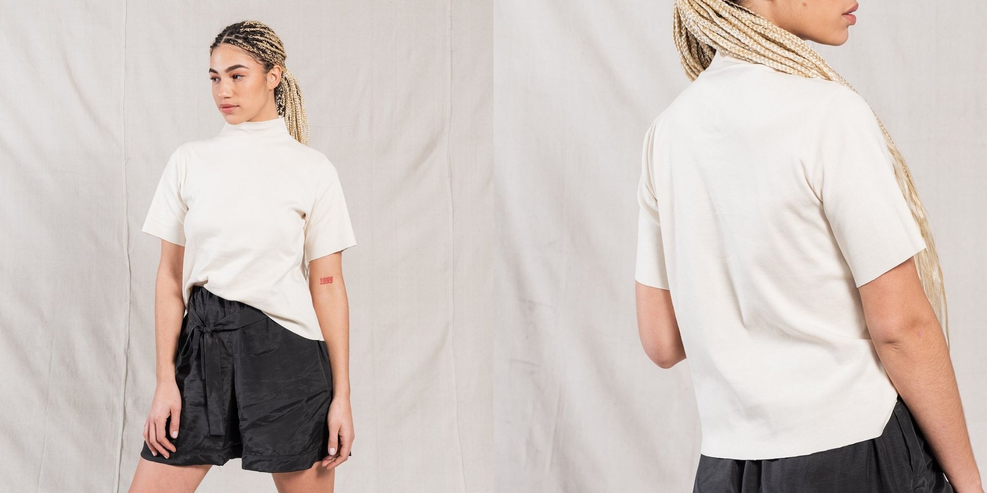 woman wearing white mock neck skivvy by A.BCH