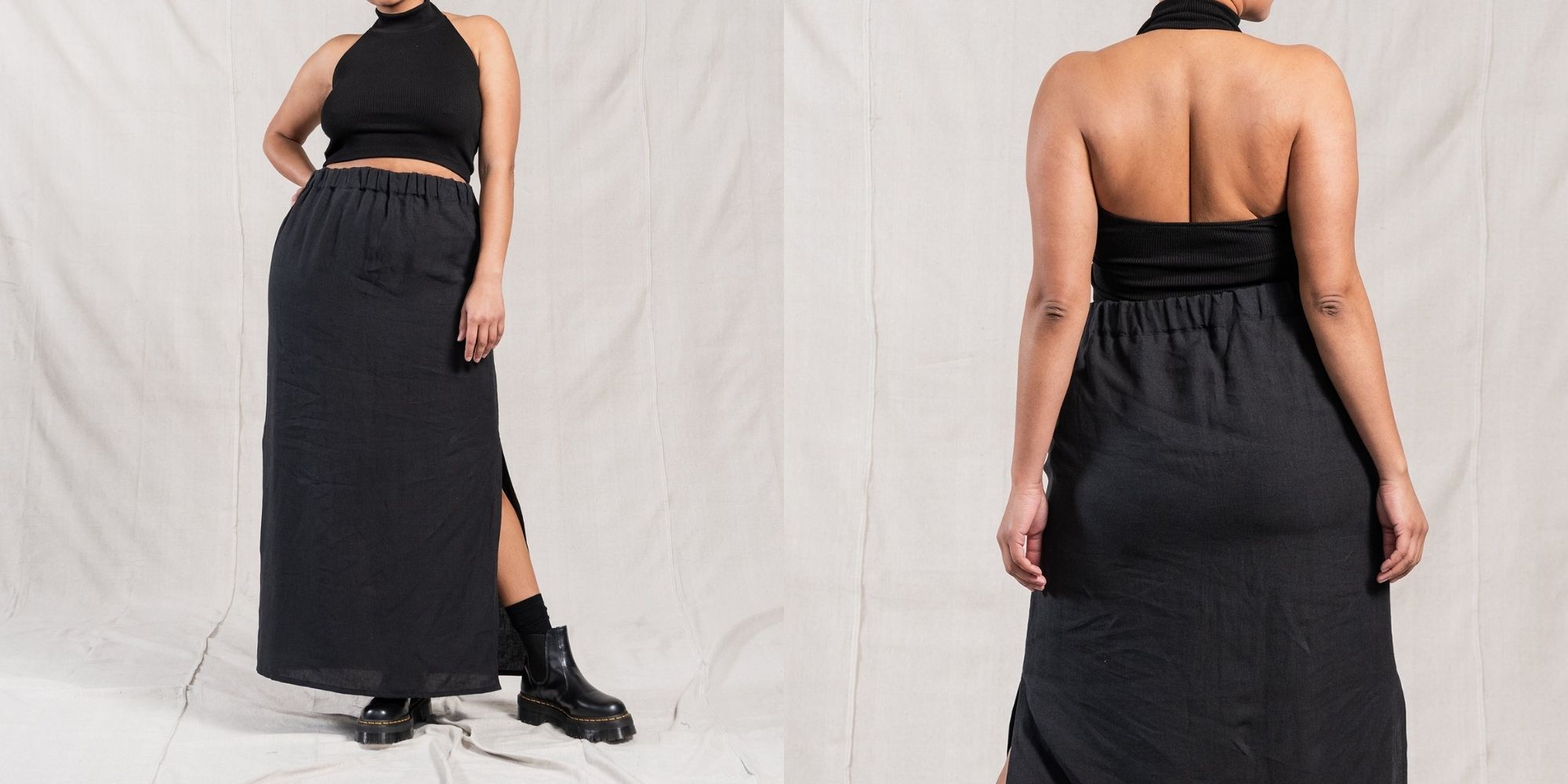 woman of colour wearing black linen skirt by A.BCH