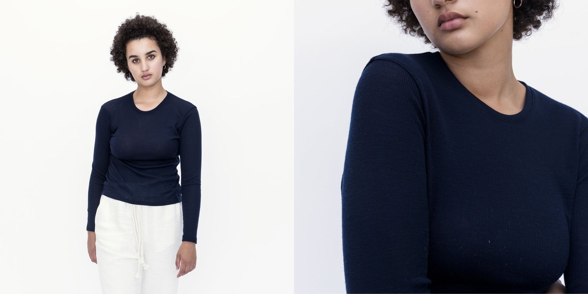 woman wearing navy thermal RWS wool top by A.BCH