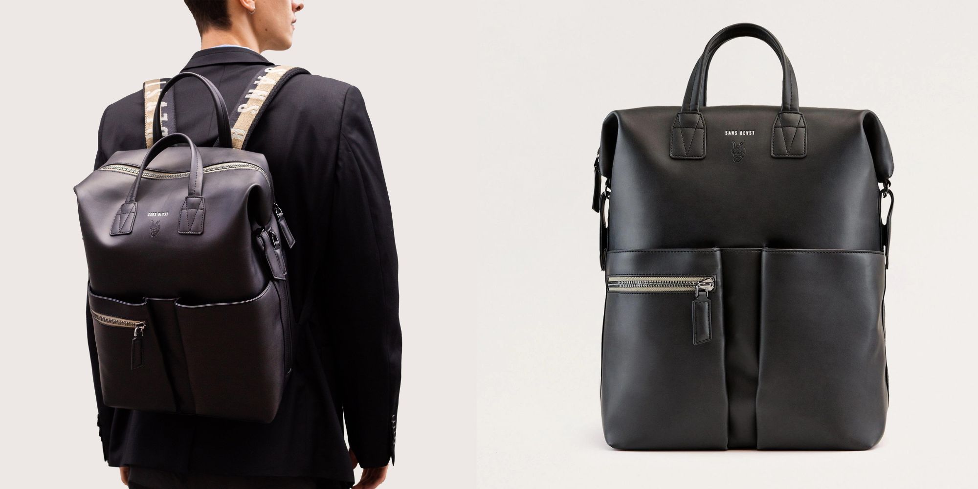 A black vegan apple leather backpack made by Sans Beast.
