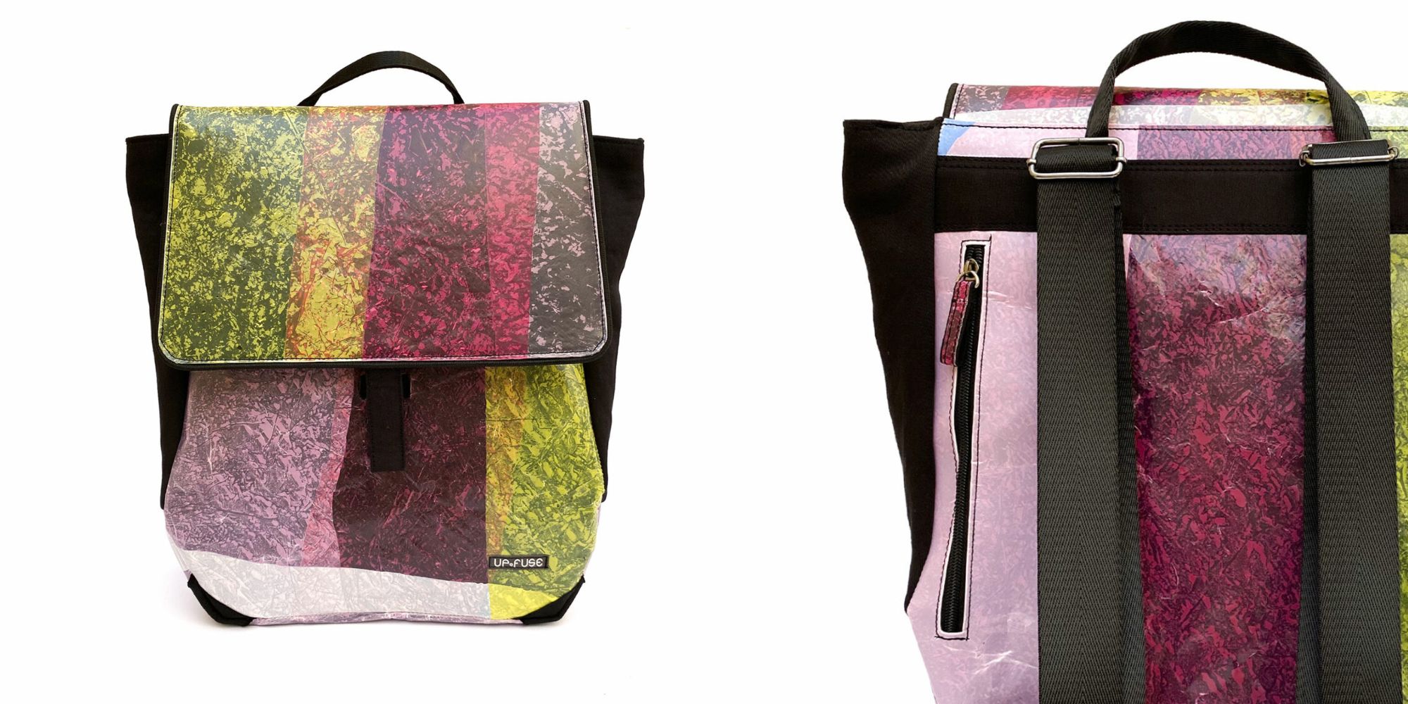 A colourful upcycled plastic bag backpack responsibly made by Up-Fuse.