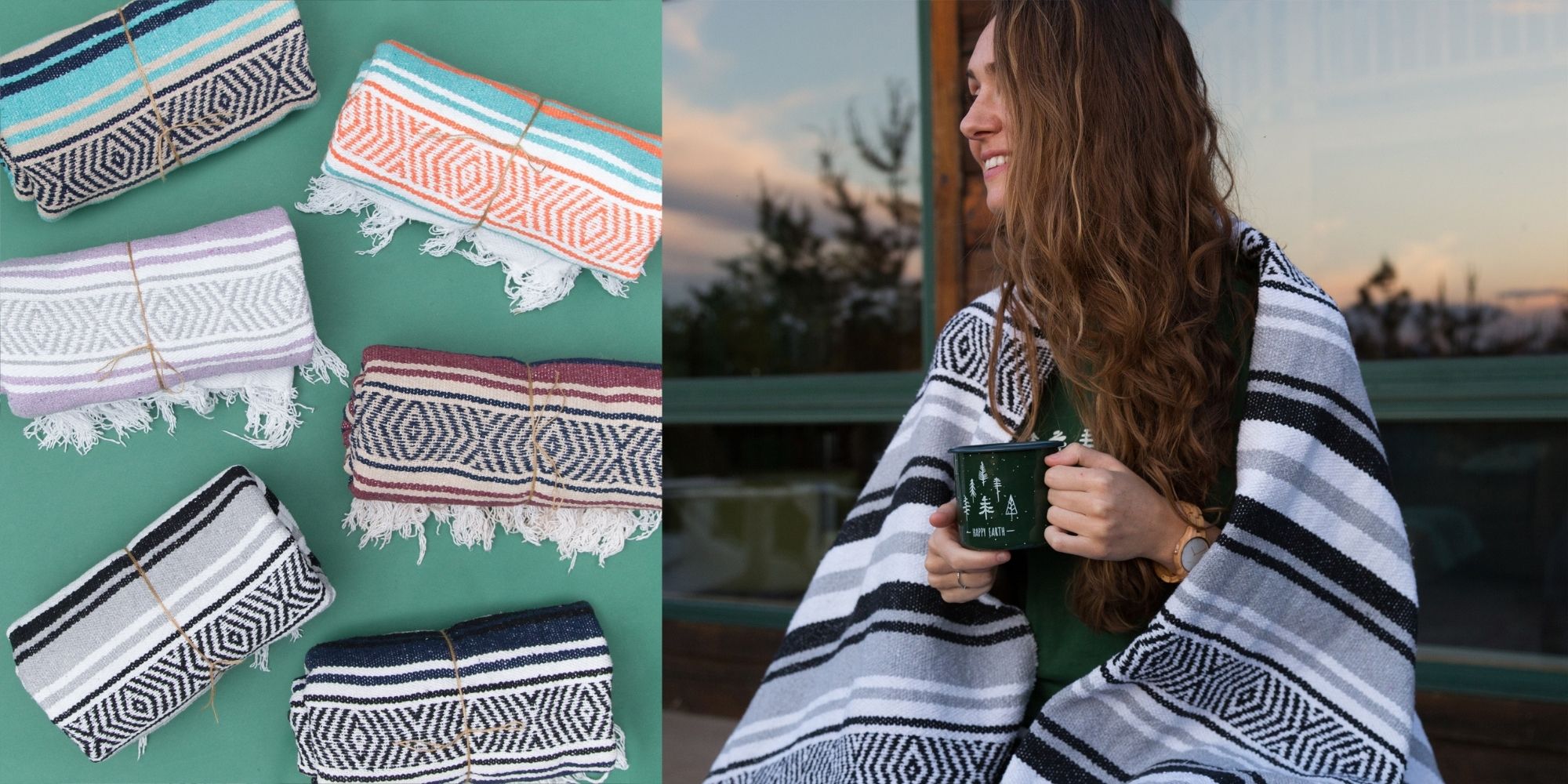 woman wearing recycled striped blanket ethically made by Happy Earth