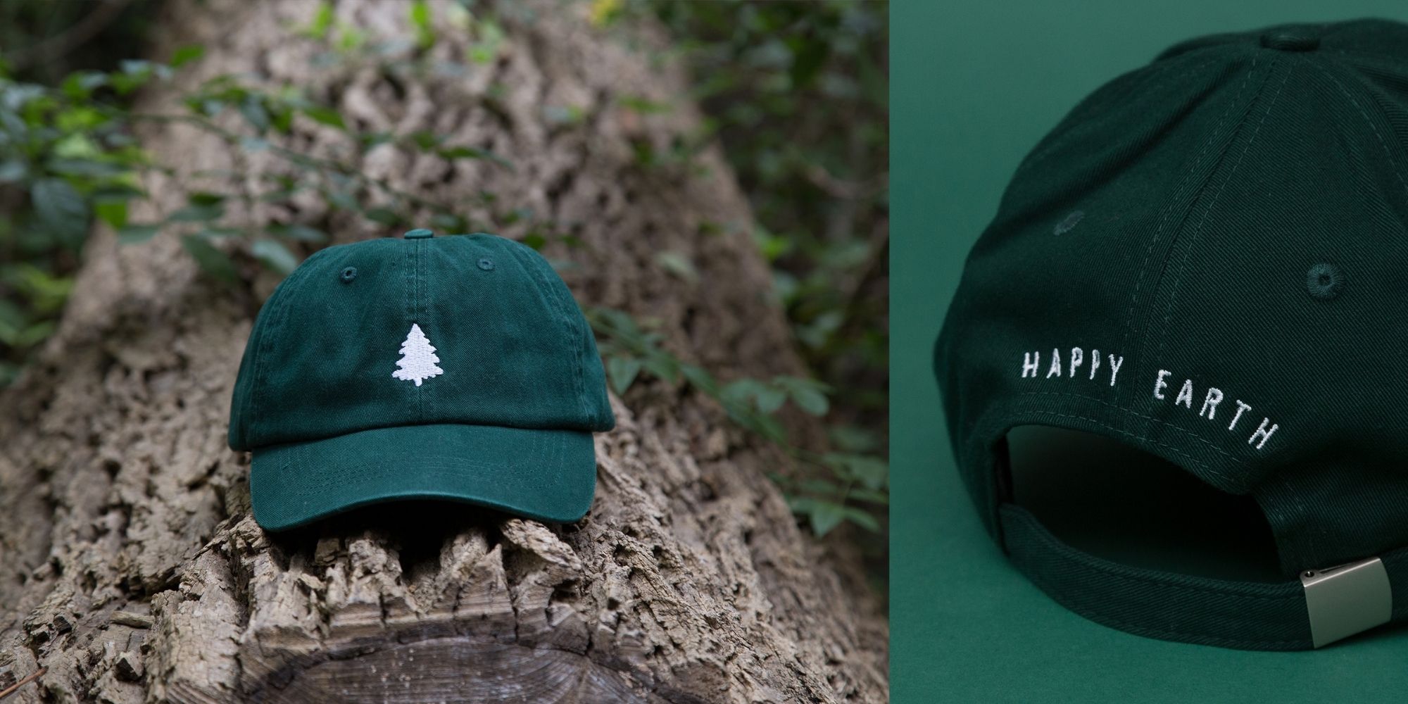 sustainable green hat with white fir Happy Earth logo on log
