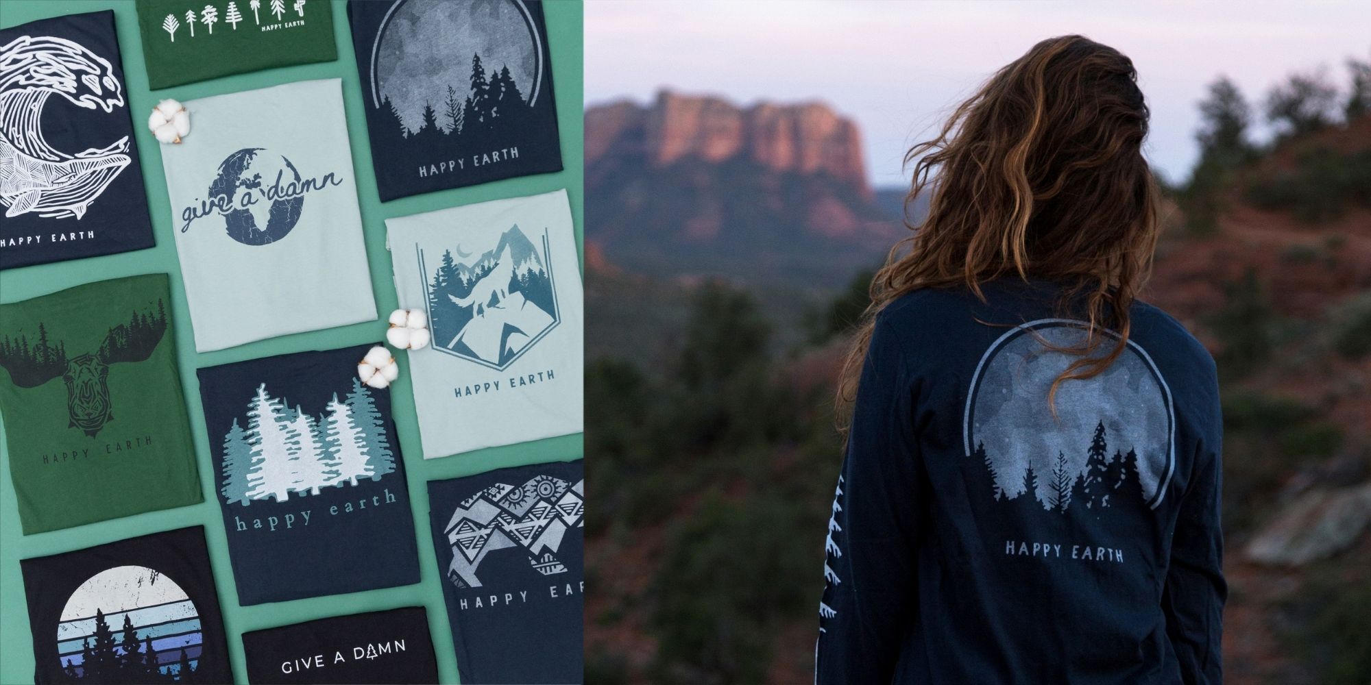 woman wearing sustainable printed long sleeve shirt by Happy Earth