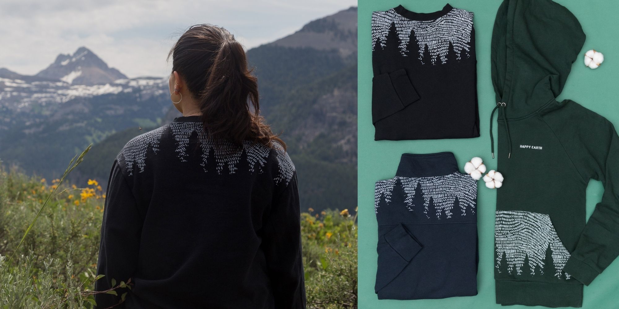 woman wearing stormy forest sustainable sweatshirt designed by Happy Earth