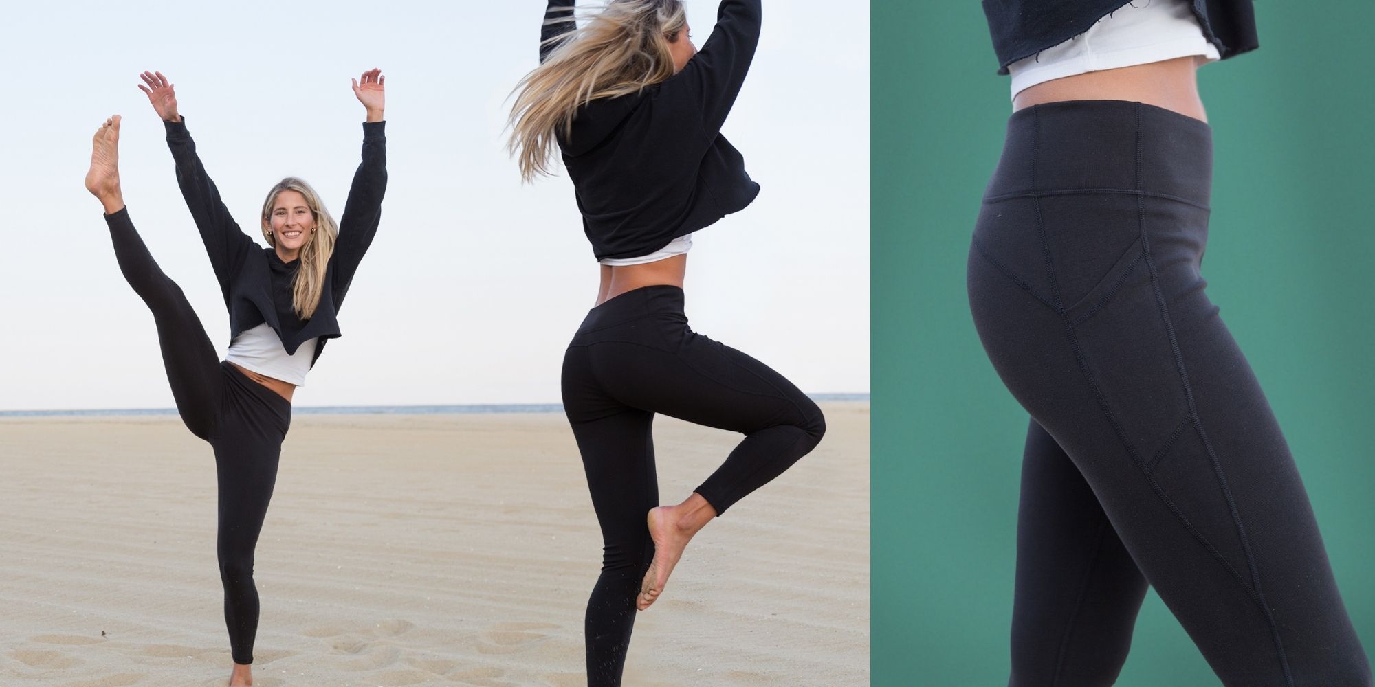 woman dancing in black sustainable leggings by Happy Earth